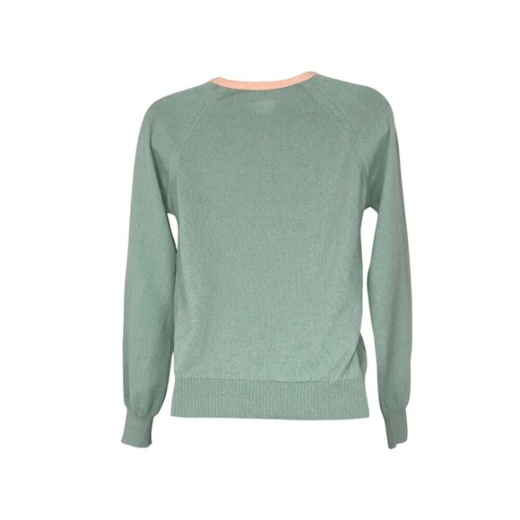Paul & Joe Light Weight 100% Wool Boat Neck Sweater Green & Peach Size 2 - Picture 5 of 7